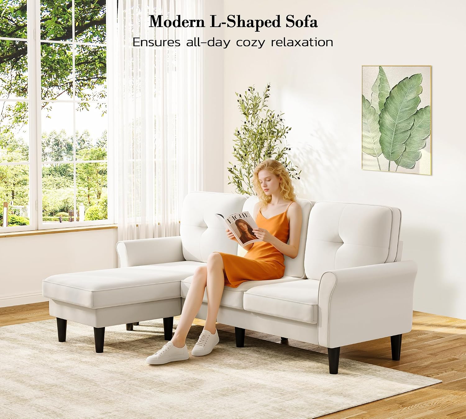 Kidirect 83' Sectional Couch, Velvet L-Shaped Couch 3 Seater Sectional Couches for Living Room, Comfy Fluffy Deep Seat Loveseat, Modular Sectional Sofa with Ottoman for Apartment Office, White Couch