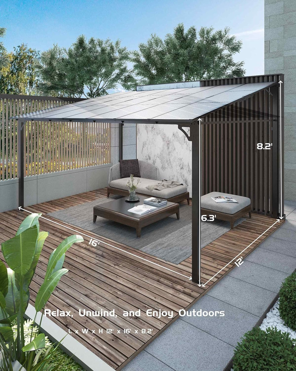 12x16 FT Gazebo for Patio, Wall Mounted Lean to Hardtop Gazebo Pergola with 6Mm Sloped Roof Heavy Duty Awnings for Porch, Decks, Backyard to Shade & Rain