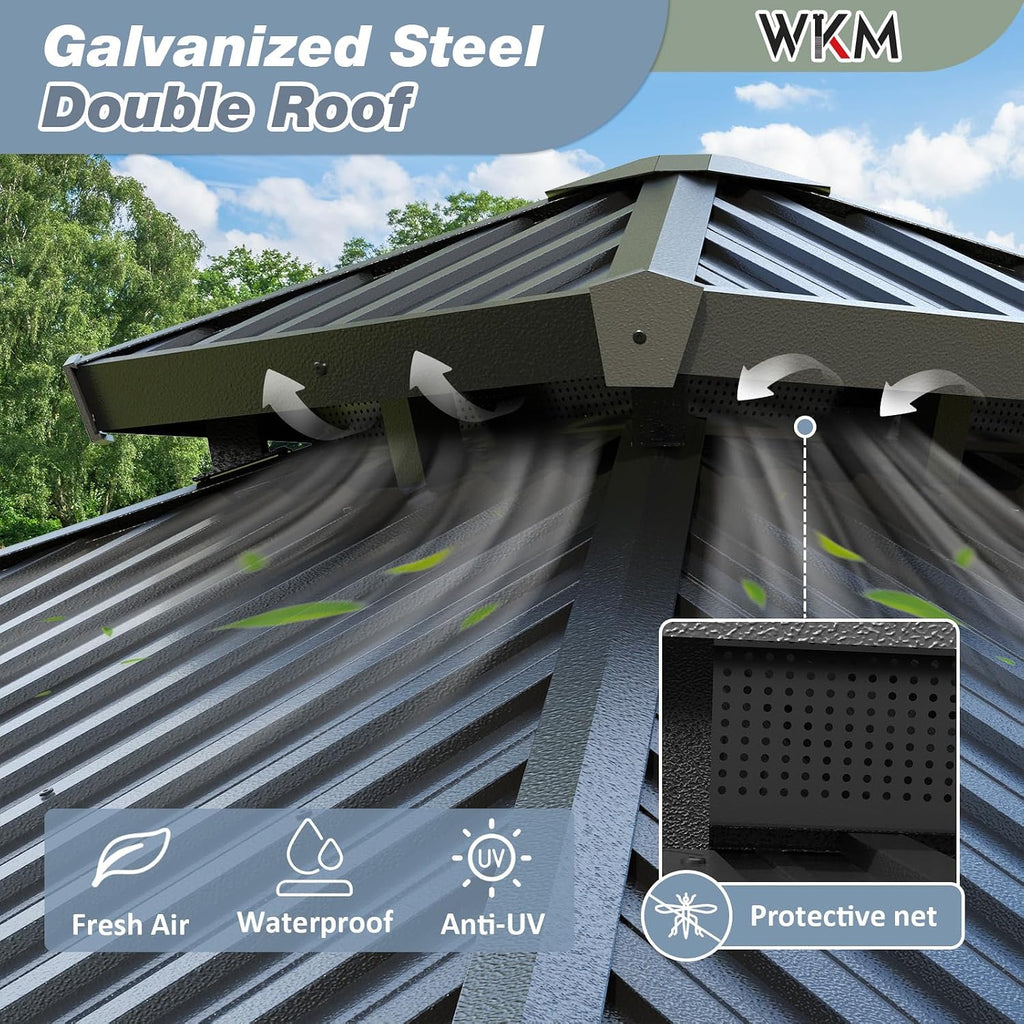 WKM 8x8 FT Hardtop Gazebo, Permanent Aluminum Gazebo with Galvanized Steel Double Roof, Outdoor Patio Pergola with Curtains and Breathable Netting for Garden, Lawn, Deck, Party