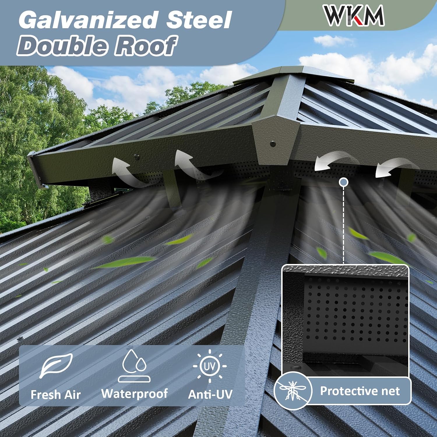 WKM 8x8 FT Hardtop Gazebo, Permanent Aluminum Gazebo with Galvanized Steel Double Roof, Outdoor Patio Pergola with Curtains and Breathable Netting for Garden, Lawn, Deck, Party