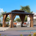 Essential for Courtyard Leisure: 10'x14' Brown Double - top Eaves Polycarbonate Sheet Pavilion, with Enclosure Fabric, Mesh Netting and Insect - Proof Net