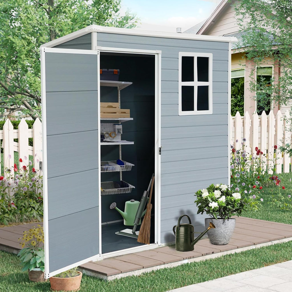 5x3 FT Resin Outdoor Storage Shed with Floor,All-Weather Outdoor Shed with Lockable Door,Window & Sloped Roof,Plastic Outside Tool Storage for Garden,Backyard,Patio,Lawn,Gray