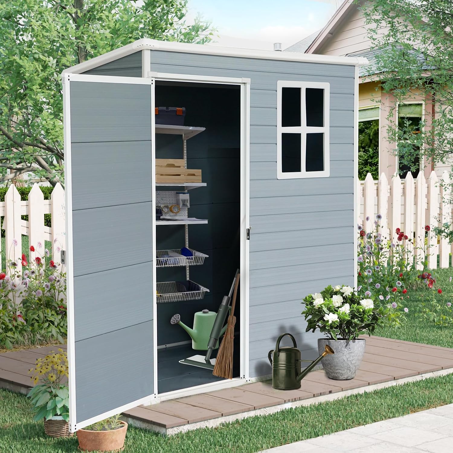 5x3 FT Resin Outdoor Storage Shed with Floor,All-Weather Outdoor Shed with Lockable Door,Window & Sloped Roof,Plastic Outside Tool Storage for Garden,Backyard,Patio,Lawn,Gray
