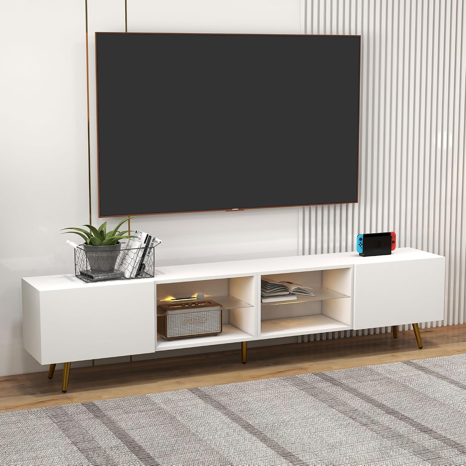 Bonzy Home 86' LED TV Stand, Modern Entertainment Center up to 75' 80' 85' TV, Television Console Table with Storage Cabinets for Living Room, White