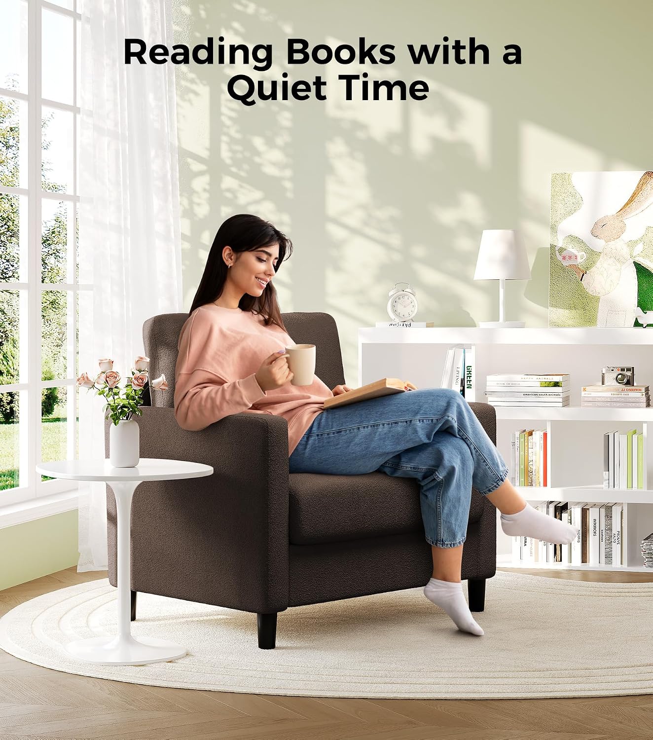 Welzona Sofa Accent Chair, 33' Reading Chair for Bedroom, Tool-Free Setup Living Room Accent Chairs, Comfy Arm Chairs Living Room, All-Wood Reading Nook, Brown