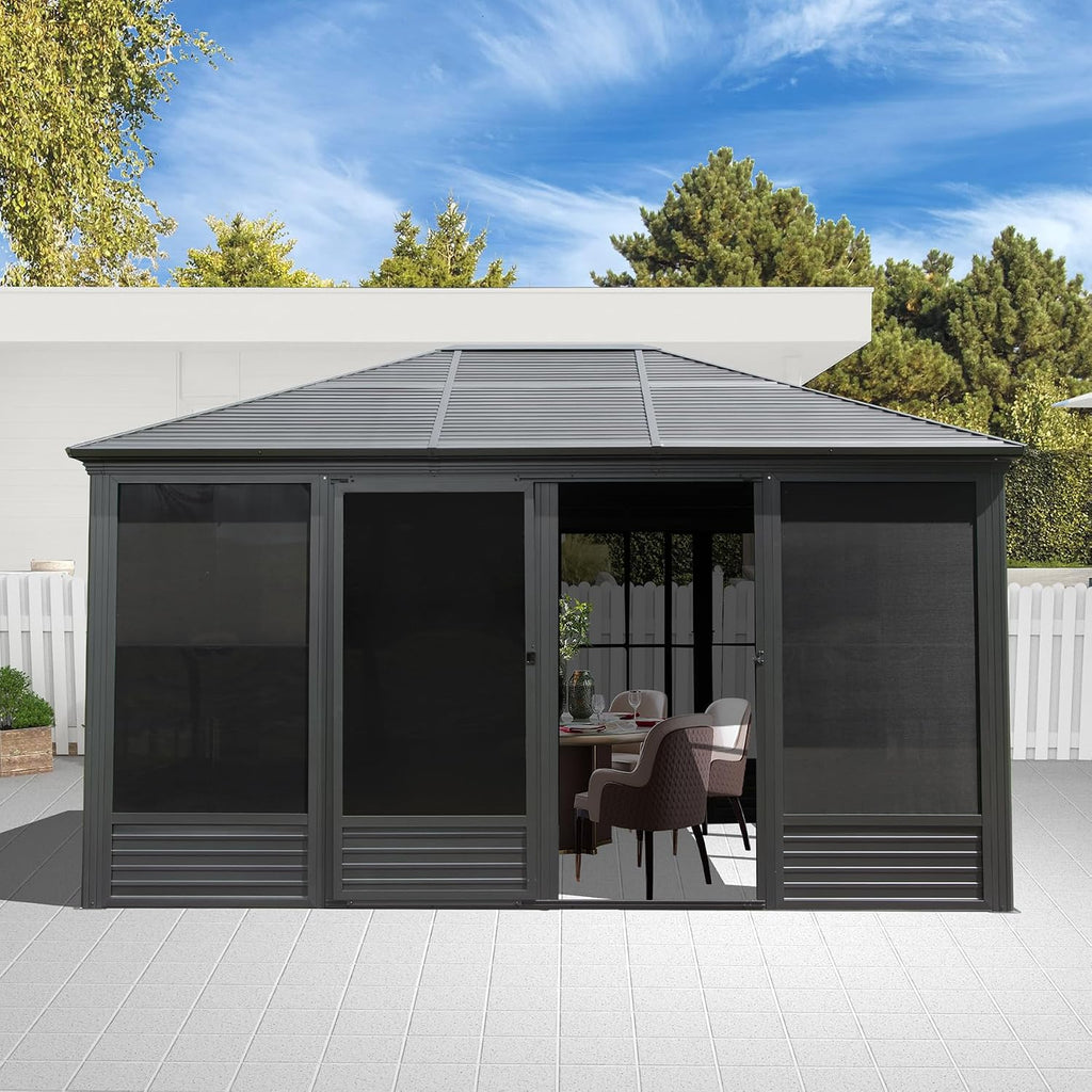 Domi 11.2x14.6FT Outdoor Sunroom, Galvanized Steel Hardtop Enclose Gazebo Sloping Roof, All Weather Aluminum Solarium Screen House for Patio Deck Backyard with Lockable Door, Moveable PVC Screen