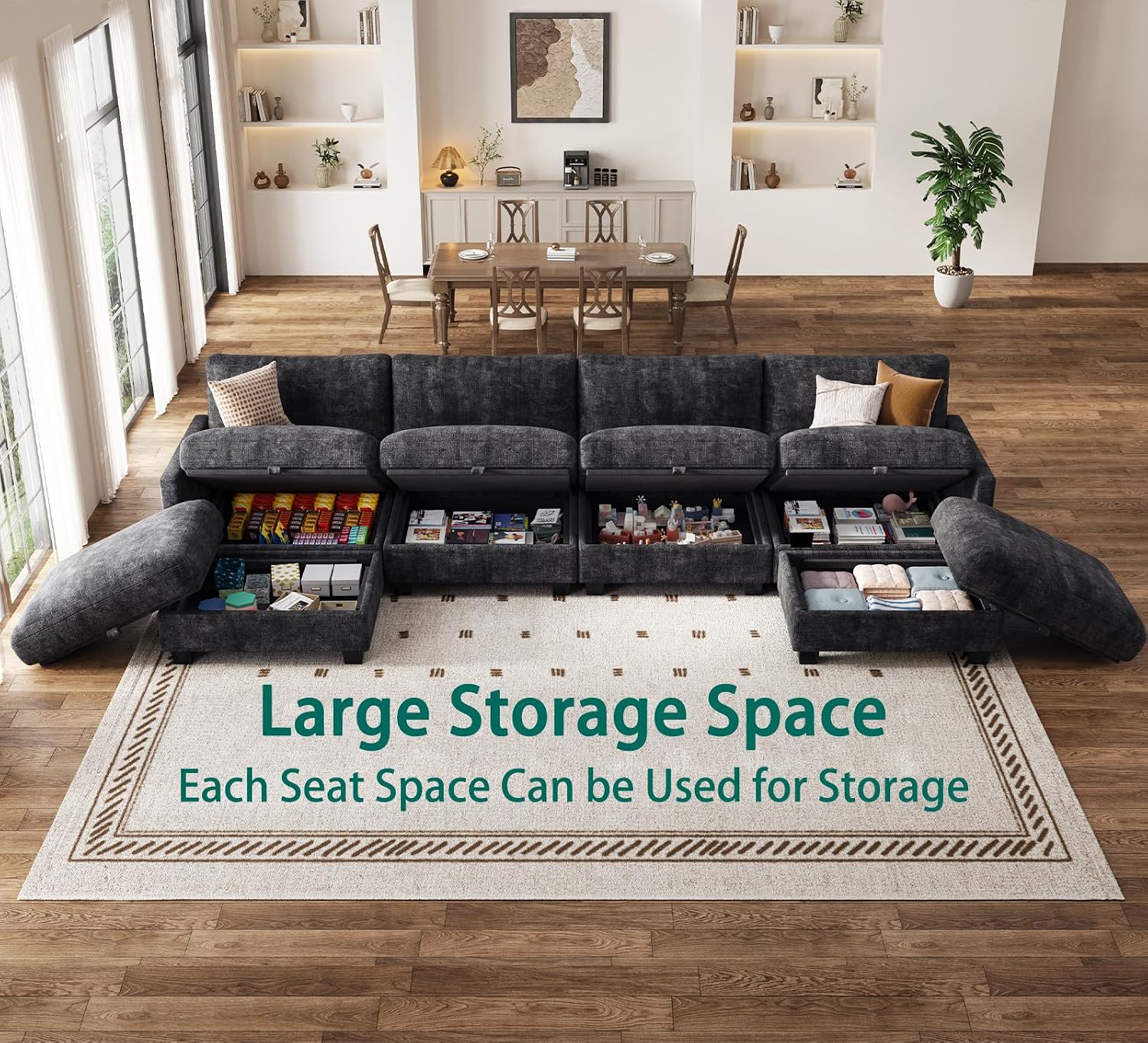 Modular Sectional U Shaped Sofa Couches for Living Room, Cloud Couch with Storage Ottoman, Comfy Chenille Sofa with Pillow, Black