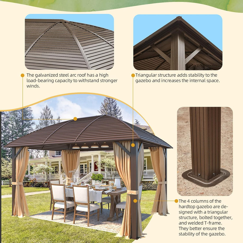 YOLENY 10' x 13' Hardtop Gazebo with Galvanized Steel Roof, Arc Roof Gazebos with Aluminum Frame, Curtain&Netting Included, Sunshade for Gardens, Lawns, Deck