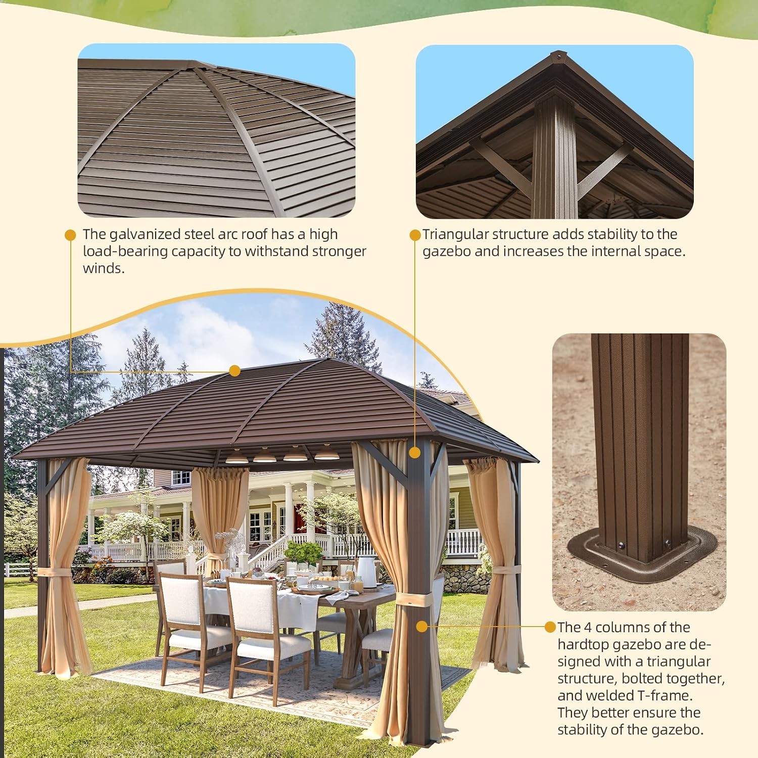 YOLENY 10' x 13' Hardtop Gazebo with Galvanized Steel Roof, Arc Roof Gazebos with Aluminum Frame, Curtain&Netting Included, Sunshade for Gardens, Lawns, Deck