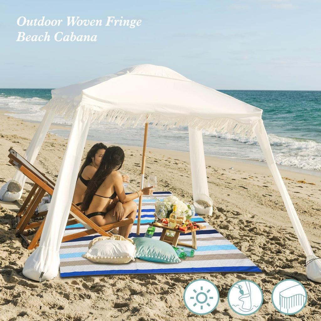 AMMSUN Beach Cabana with Blanket, 7' x 7' Boho Canopy with Tassels, Premium Wood Pole, Fringe Cabana Tent with Sand Pockets, Instant Sun Shade for Sand, Garden, Outdoor, Elegant White