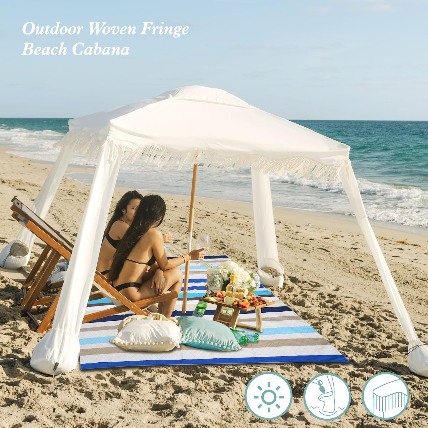 AMMSUN Beach Cabana with Blanket, 7' x 7' Boho Canopy with Tassels, Premium Wood Pole, Fringe Cabana Tent with Sand Pockets, Instant Sun Shade for Sand, Garden, Outdoor, Elegant White