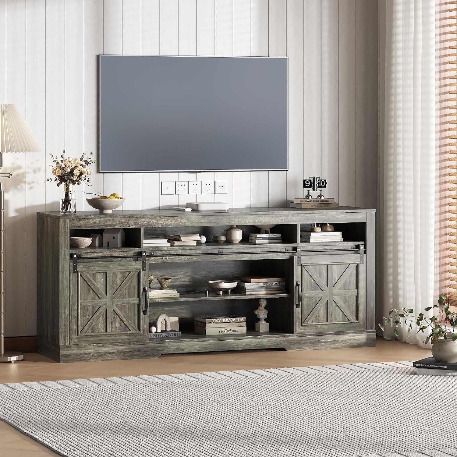 IDEALHOUSE Farmhouse TV Stand for 75 Inch TV, Entertainment Center with Storage Cabinets and Sliding Barn Doors, Media TV Console Table for Living Room Bedroom (27.6' H Oak)