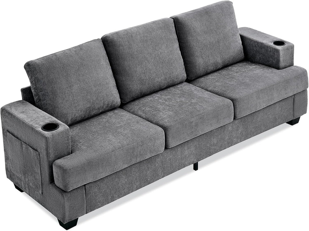 89' Chenille 3-Seater Sofa with Cup Holders and Side Storage Pockets, Modern Sofa for Living Room, Deep Seat Couches for Apartment Lounge, Grey