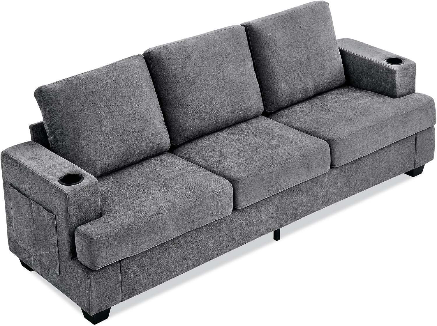 89' Chenille 3-Seater Sofa with Cup Holders and Side Storage Pockets, Modern Sofa for Living Room, Deep Seat Couches for Apartment Lounge, Grey