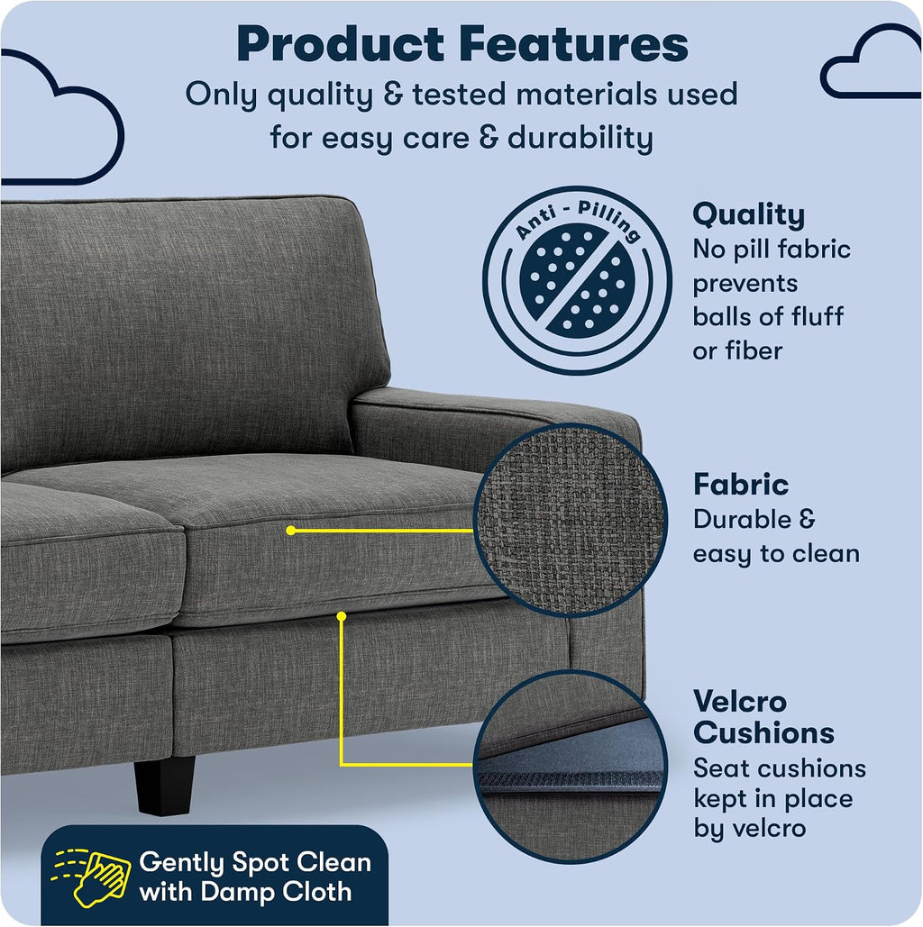 Serta Palisades 73' Track Arm Sofa, Easy Care Polyester, Soft Pillow Back, Pocket Coil Seat Cushions, Removable Covers, Loveseat or Couch for Small Spaces, Living Rooms or Bedrooms, Gray