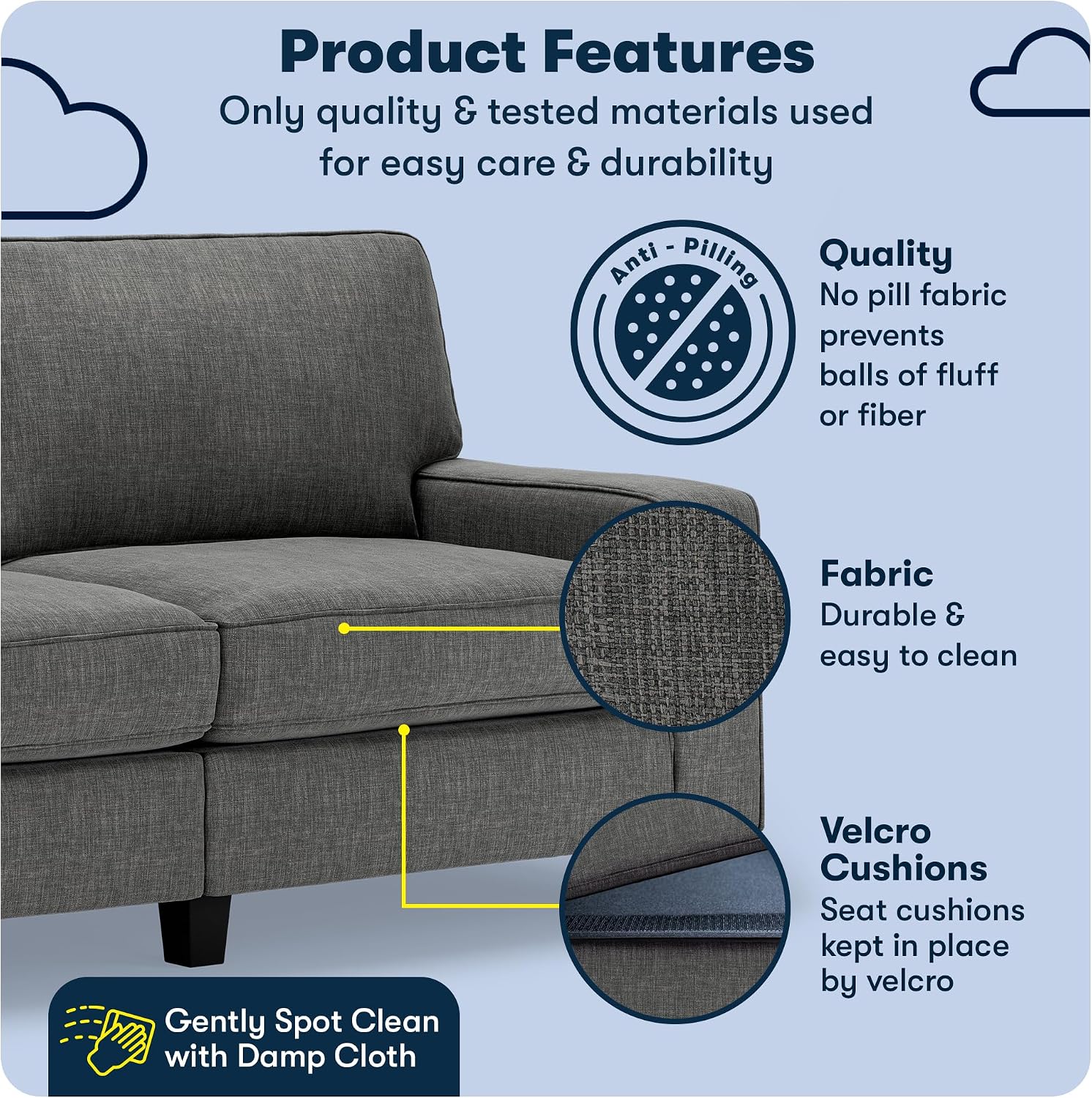 Serta Palisades 73' Track Arm Sofa, Easy Care Polyester, Soft Pillow Back, Pocket Coil Seat Cushions, Removable Covers, Loveseat or Couch for Small Spaces, Living Rooms or Bedrooms, Gray