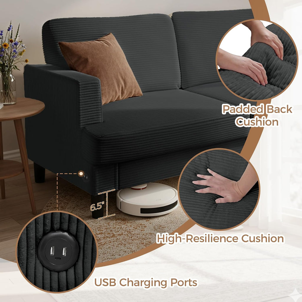 MAKIAAP 70' Loveseat Sofa for Living Room, Comfy Corduroy Couch with USB & Type-C Ports, Modern 2-Seater Deep Seat Small Couch for Bedroom, Apartment, Office – Soft Cushions & Sturdy Frame (Gray)