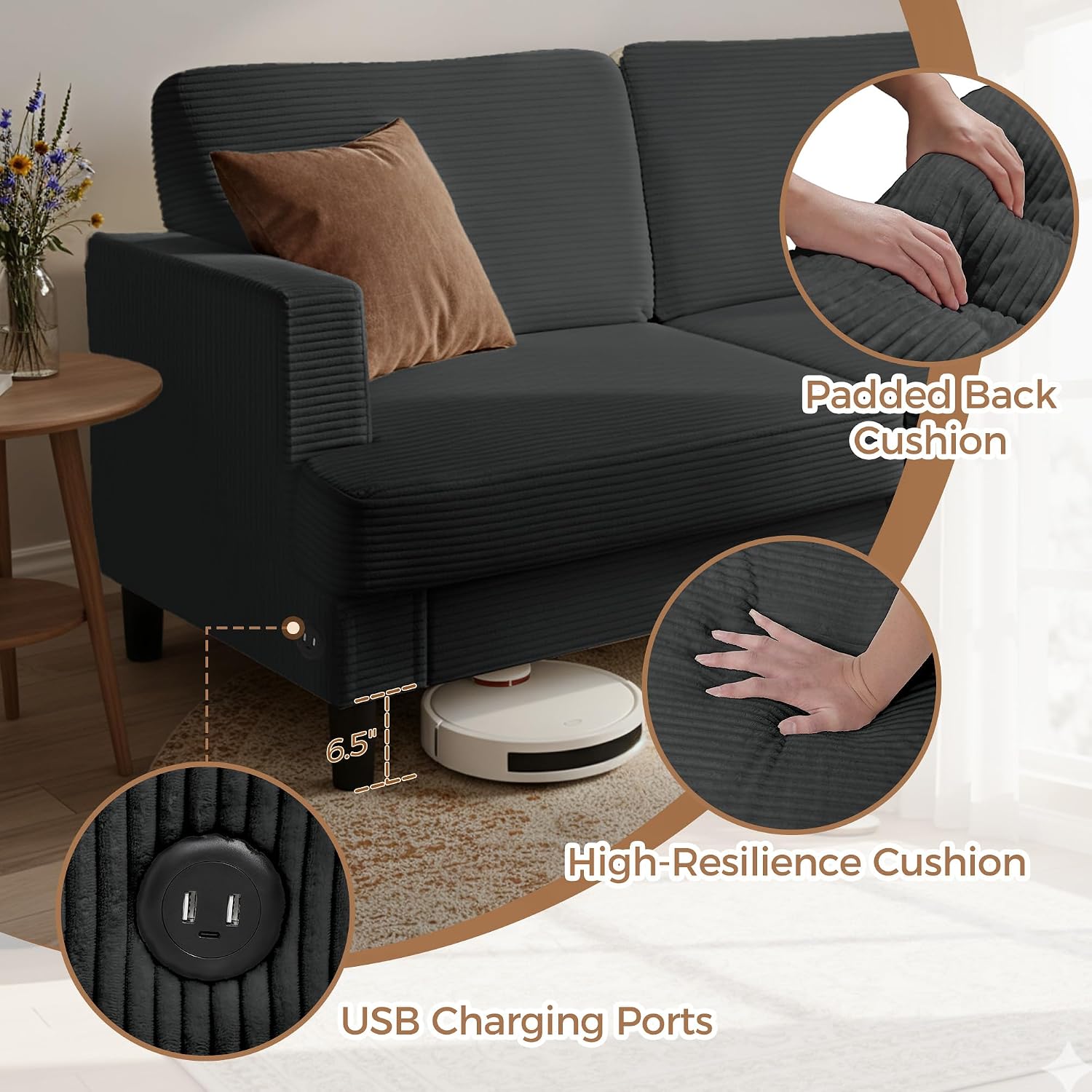 MAKIAAP 70' Loveseat Sofa for Living Room, Comfy Corduroy Couch with USB & Type-C Ports, Modern 2-Seater Deep Seat Small Couch for Bedroom, Apartment, Office – Soft Cushions & Sturdy Frame (Gray)