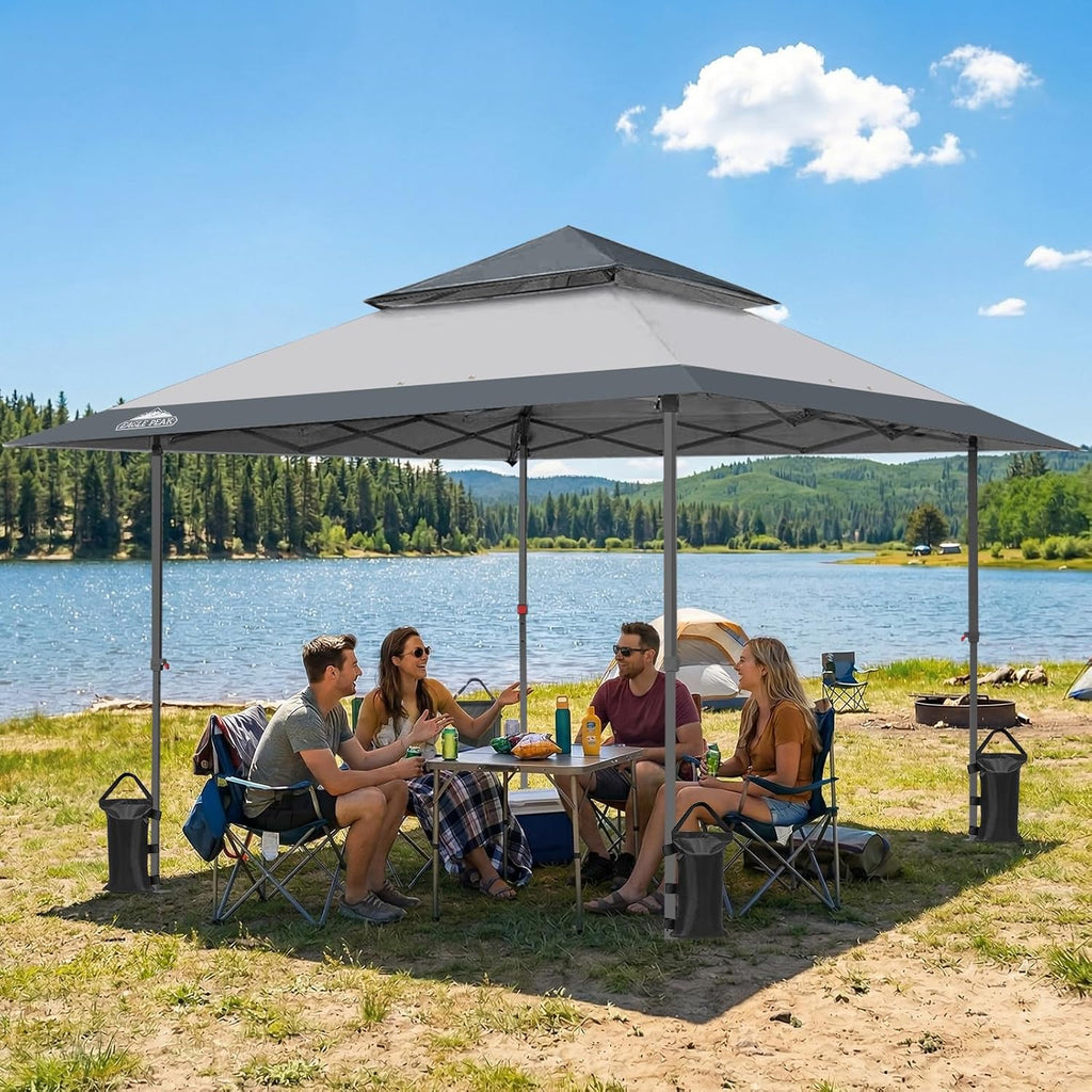 EAGLE PEAK 13x13 Straight Leg Pop Up Canopy Tent Instant Outdoor Canopy Easy Single Person Set up Folding Shelter w/Auto Extending Eaves 169 Square Feet of Shade (Light Gray)
