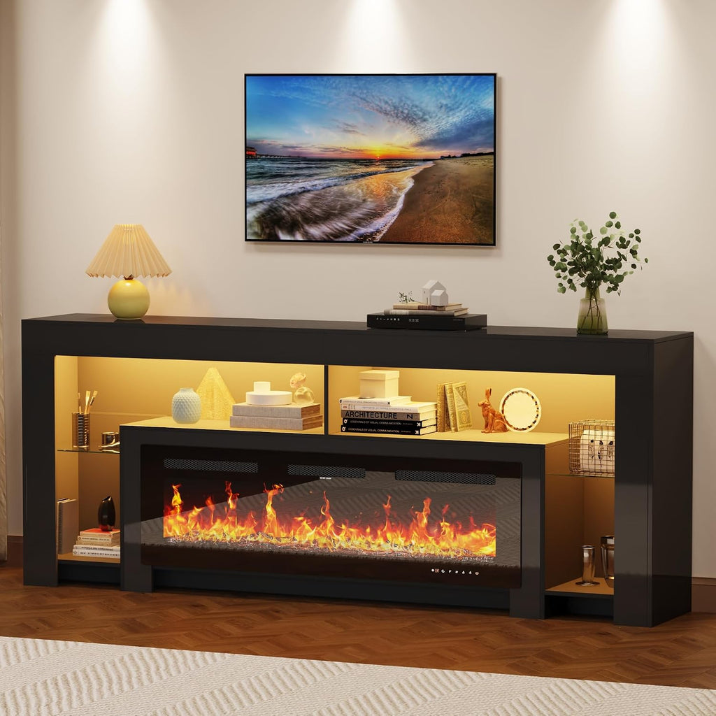 82' Modern High Gloss Fireplace TV Stand with 50' Fireplace, Entertainment Center with Electronic Flame and LED Lights, TV Console Cabinet, Black