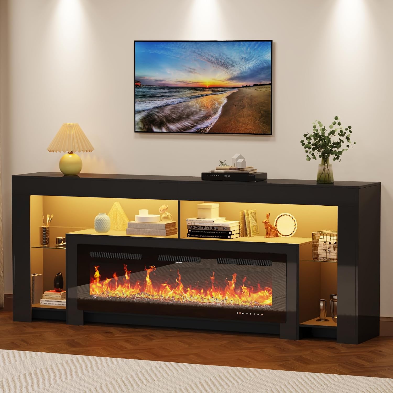 82' Modern High Gloss Fireplace TV Stand with 50' Fireplace, Entertainment Center with Electronic Flame and LED Lights, TV Console Cabinet, Black