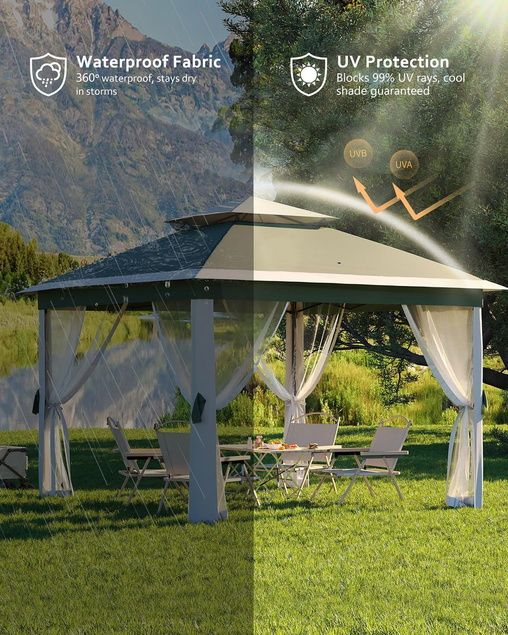 11x11ft Pop Up Gazebo Tent with Mosquito Netting, Outdoor Canopy Shelter Easy Setup, Water & UV Resistant - Green