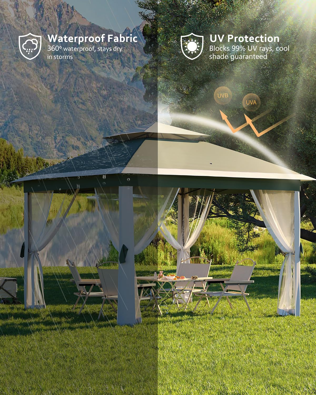 11x11ft Pop Up Gazebo Tent with Mosquito Netting, Outdoor Canopy Shelter Easy Setup, Water & UV Resistant - Green