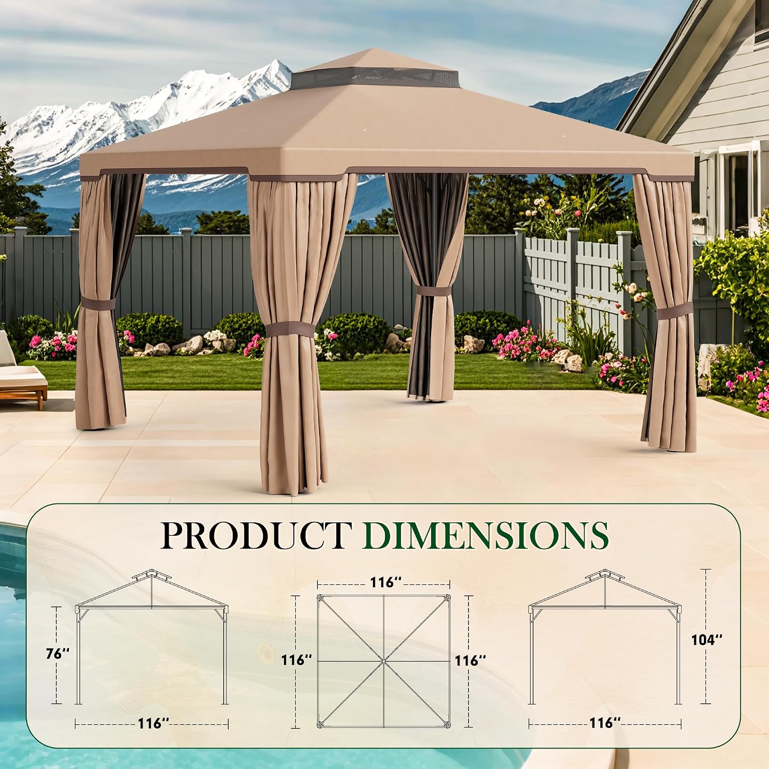 Incbruce Outdoor 10x10 FT Garden Gazebo, Steel Vented Double Roof Patios Canopy, Outside Gazebo with Mosquito Netting for Backyard, Lawns, Party (Brown)