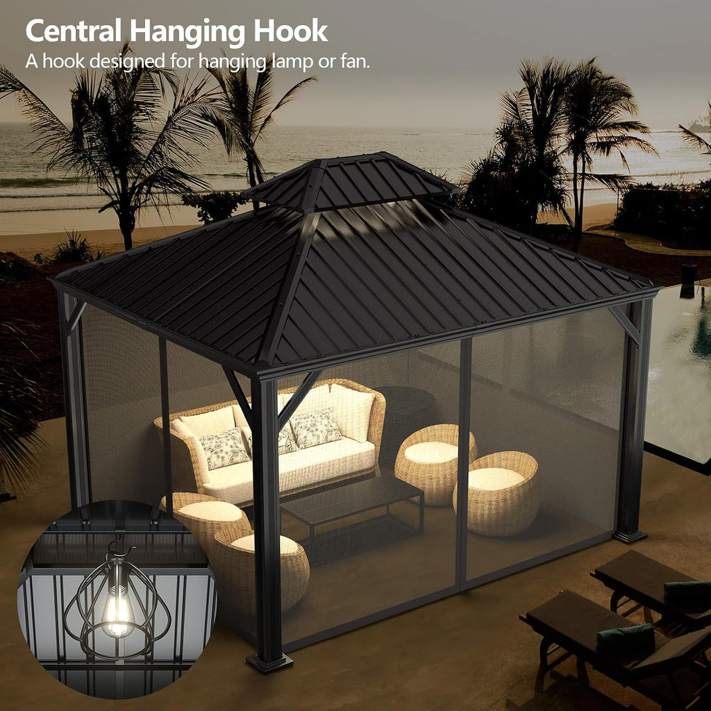 Tangkula 12ft x 10ft Hardtop Gazebo, 2-Tier Outdoor Gazebo w/Double Vented Roof & Central Hook, Galvanized Steel Frame Patio Sun Shelter for Lawn Backyard Poolside Deck (Grey)