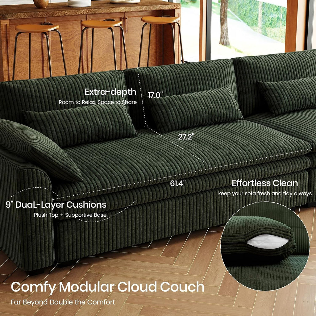 Belffin Large Modular Sectional Sofa with Deep Chaise Modular Sectional Loveseat Sofa with 9' Soft Dual-Layer 2 Seater Sofa Couch Corduroy Green