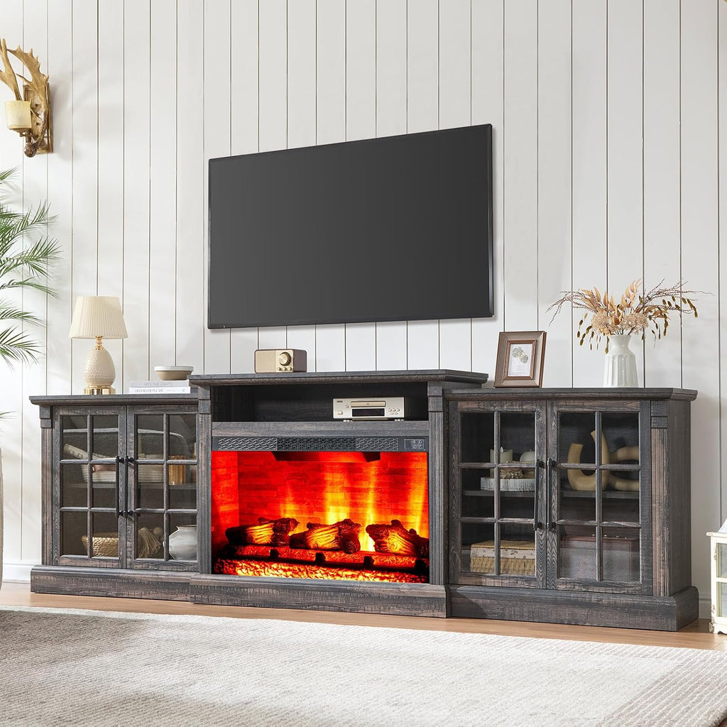 AMERLIFE 97' Farmhouse Fireplace TV Stand, Entertainment Center with Large Storage Space and Adjustable Shelf, Media Console for Living Room, Black