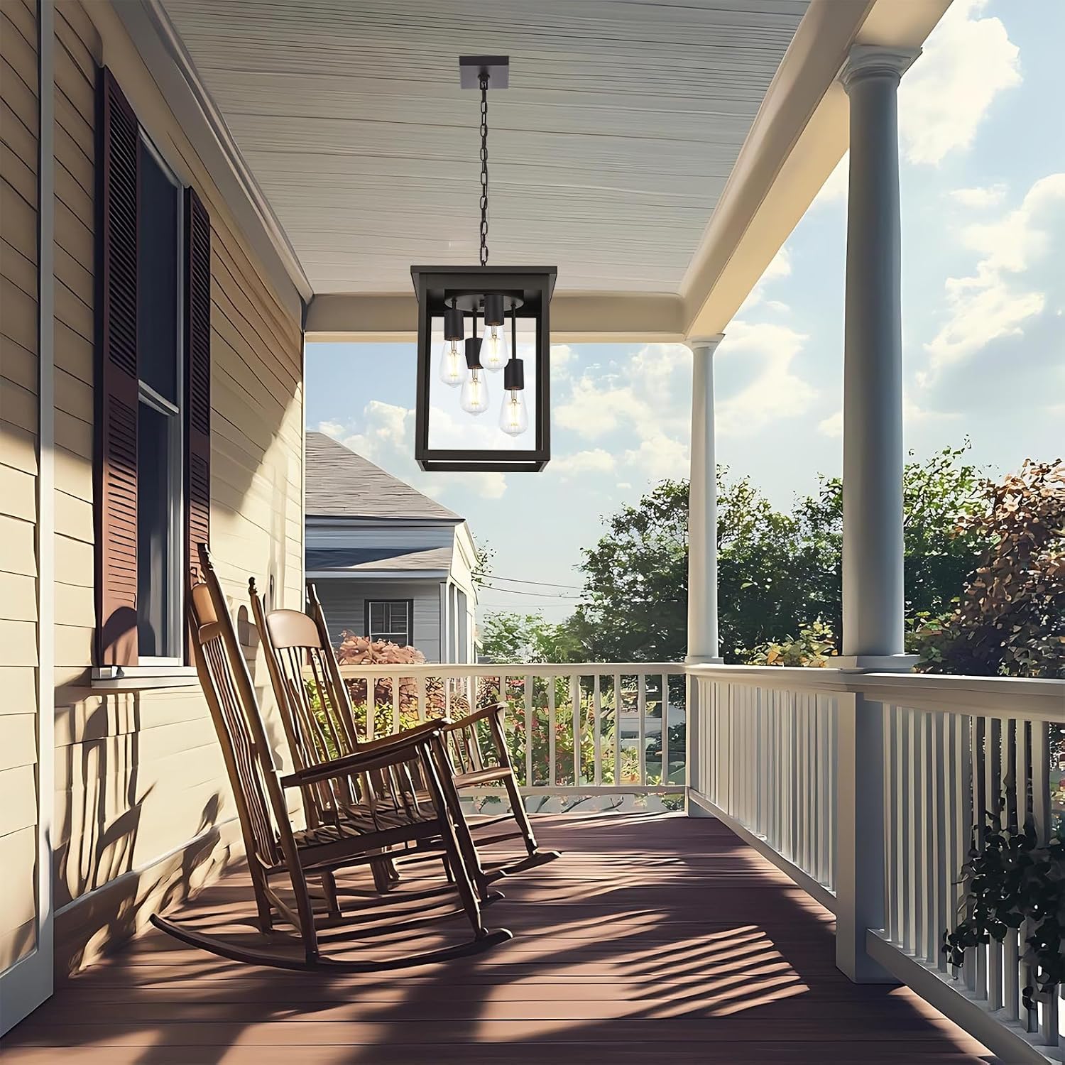 4-Light Large Outdoor Pendant Light Fixtures Oil Rubbed Bronze, Adjustable Height Outdoor Ceiling Light, Exterior Hanging Light Fixture for Patio Yard Front, E26 Base Hanging Porch Light