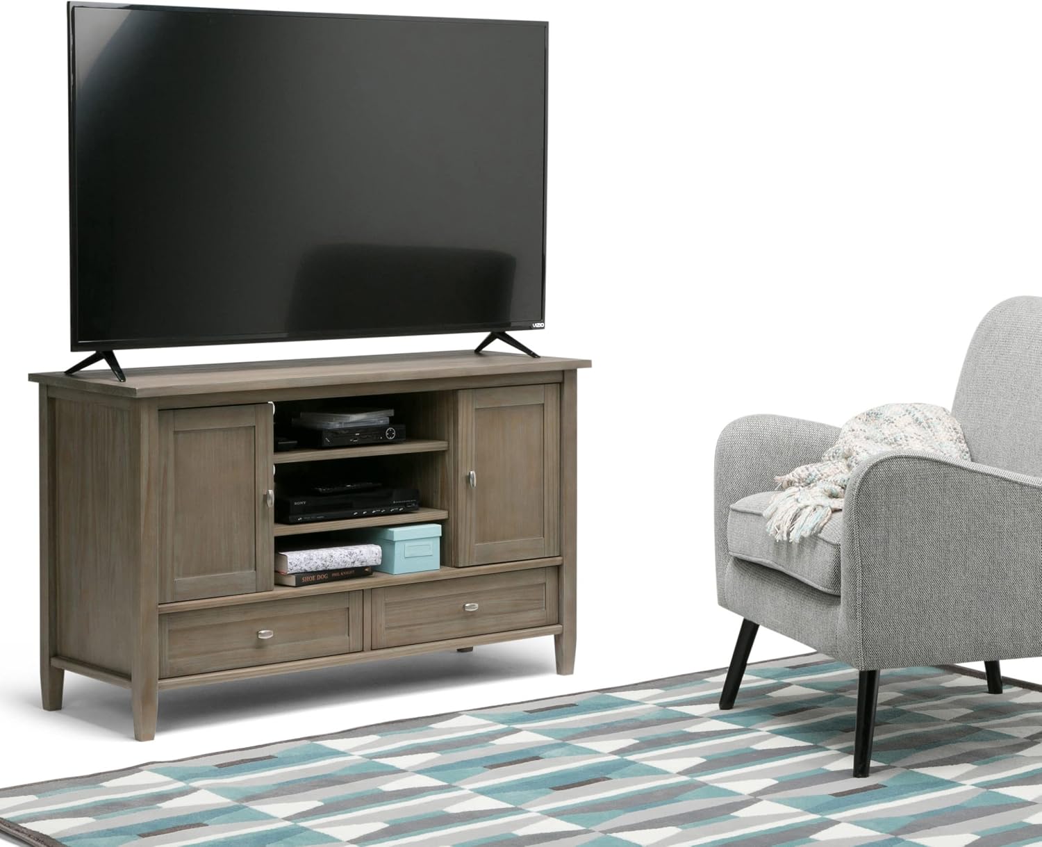SIMPLIHOME Warm Shaker TV Stand - 47 inch Wide Solid Wood Media Console in Distressed Grey, Transitional Entertainment Center for TVs up to 50 Inches with 2 Cabinets, 2 Drawers, and Cord Management