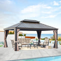 Ulax Furniture 12' x 16' Outdoor Gazebo Patio Permanent Hardtop Pergola with Aluminum Frame Galvanized Steel Double Roof Mosquito Net and Privacy Curtain