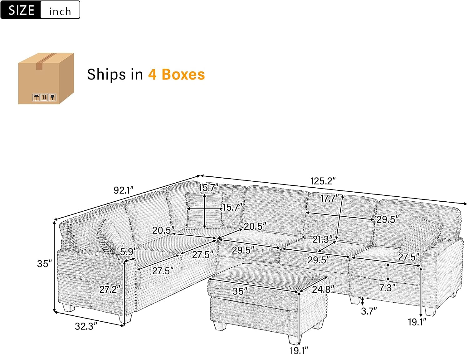 125.2' Sectional Sofa U-Shaped Upholstered Sofa L-Shaped Couch with a Movable Ottoman and Side Storage Pockets for Living Room, Grey