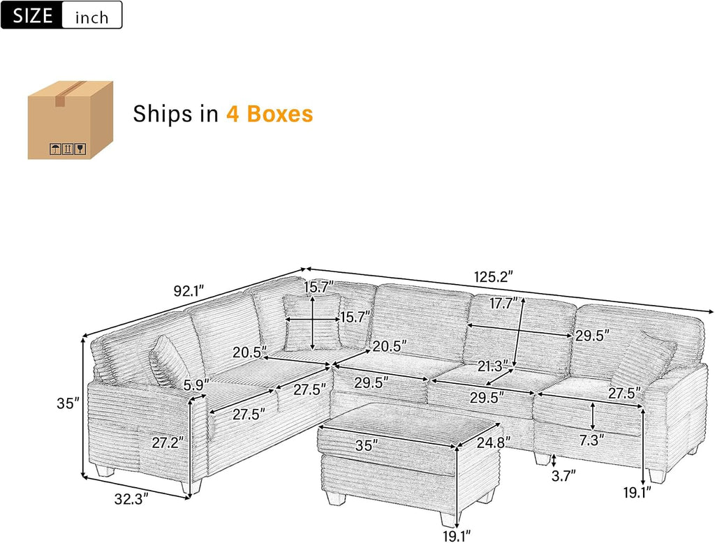 125.2' Sectional Sofa U-Shaped Upholstered Sofa L-Shaped Couch with a Movable Ottoman and Side Storage Pockets for Living Room, Black