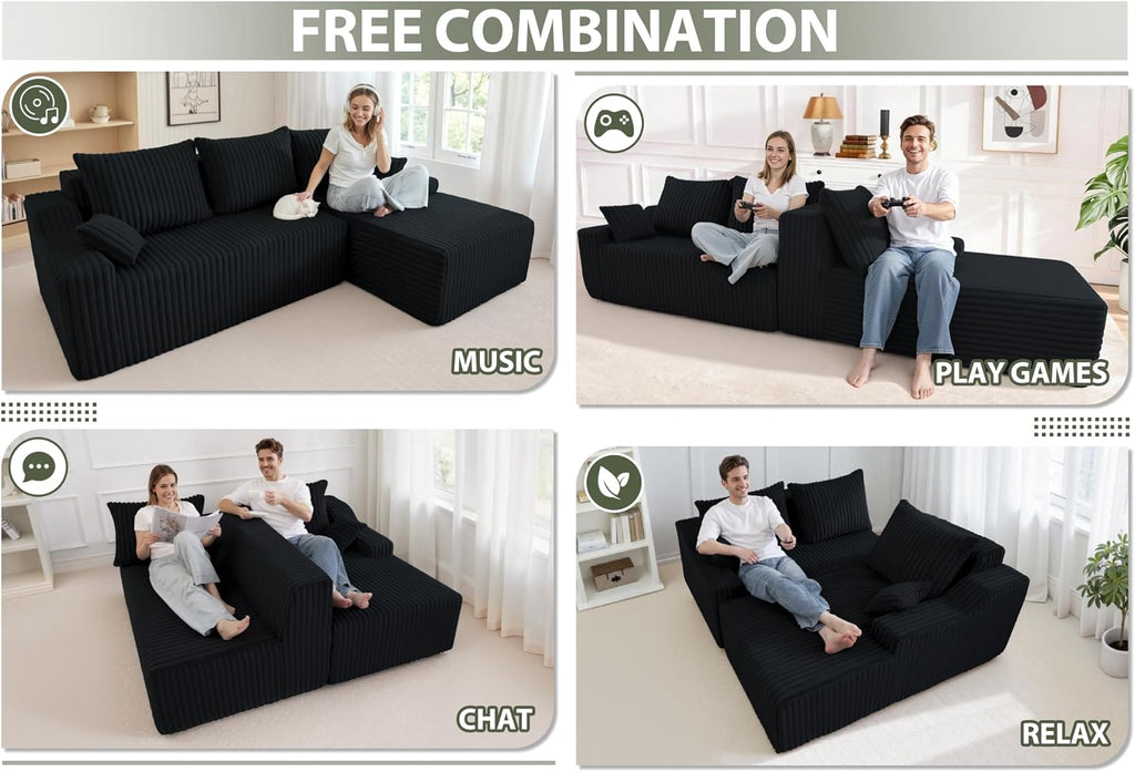 HABUTWAY 94'' Cloud Sectional Couch, Boneless Sofa with Deep Seat, Modular Comfy L-Shape Couch with Chaise for Living Room Bedroom, No Assembly Required(Black,Right Facing Chaise)