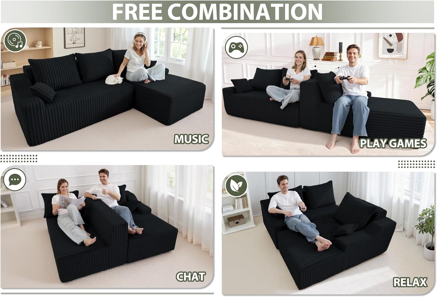 HABUTWAY 94'' Cloud Sectional Couch, Boneless Sofa with Deep Seat, Modular Comfy L-Shape Couch with Chaise for Living Room Bedroom, No Assembly Required(Black,Right Facing Chaise)