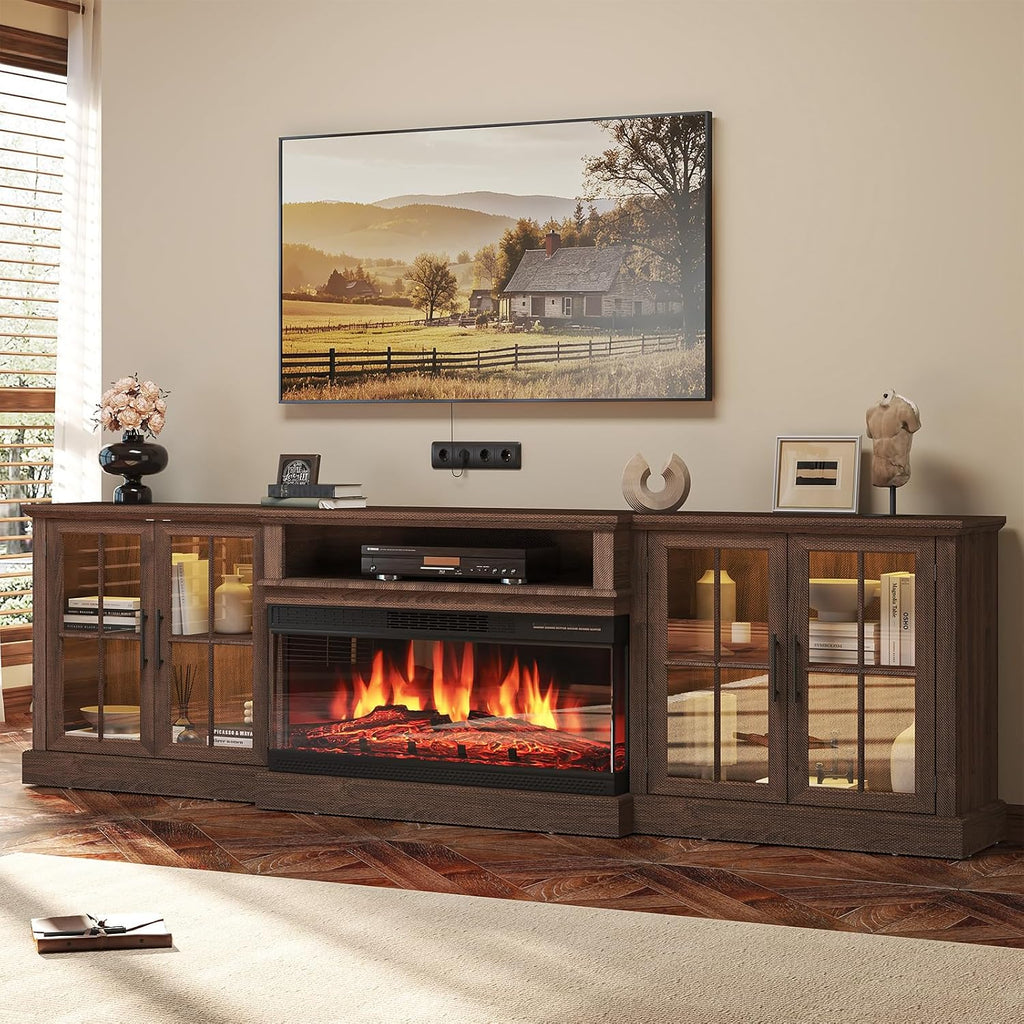 98' Farmhouse TV Stand with 36' Fireplace for TVs up to 100', Media Entertainment Center with Adjustable Shelves and Large Storage Cabinets, for Living Room, Brown & Black