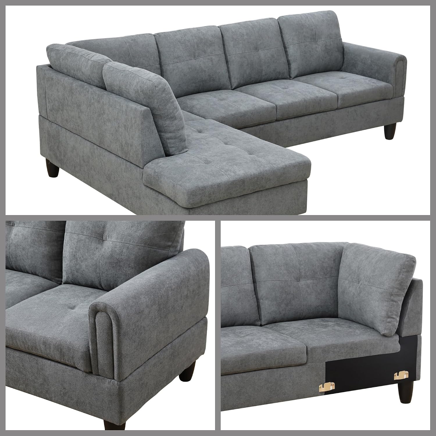 L Shaped Couch Sectional Couches with Chaise, Fluffy Fabric 3 Pieces Modular Convertible Sofa for Living Room Furniture Sets and Small Apartment, Dark Gre