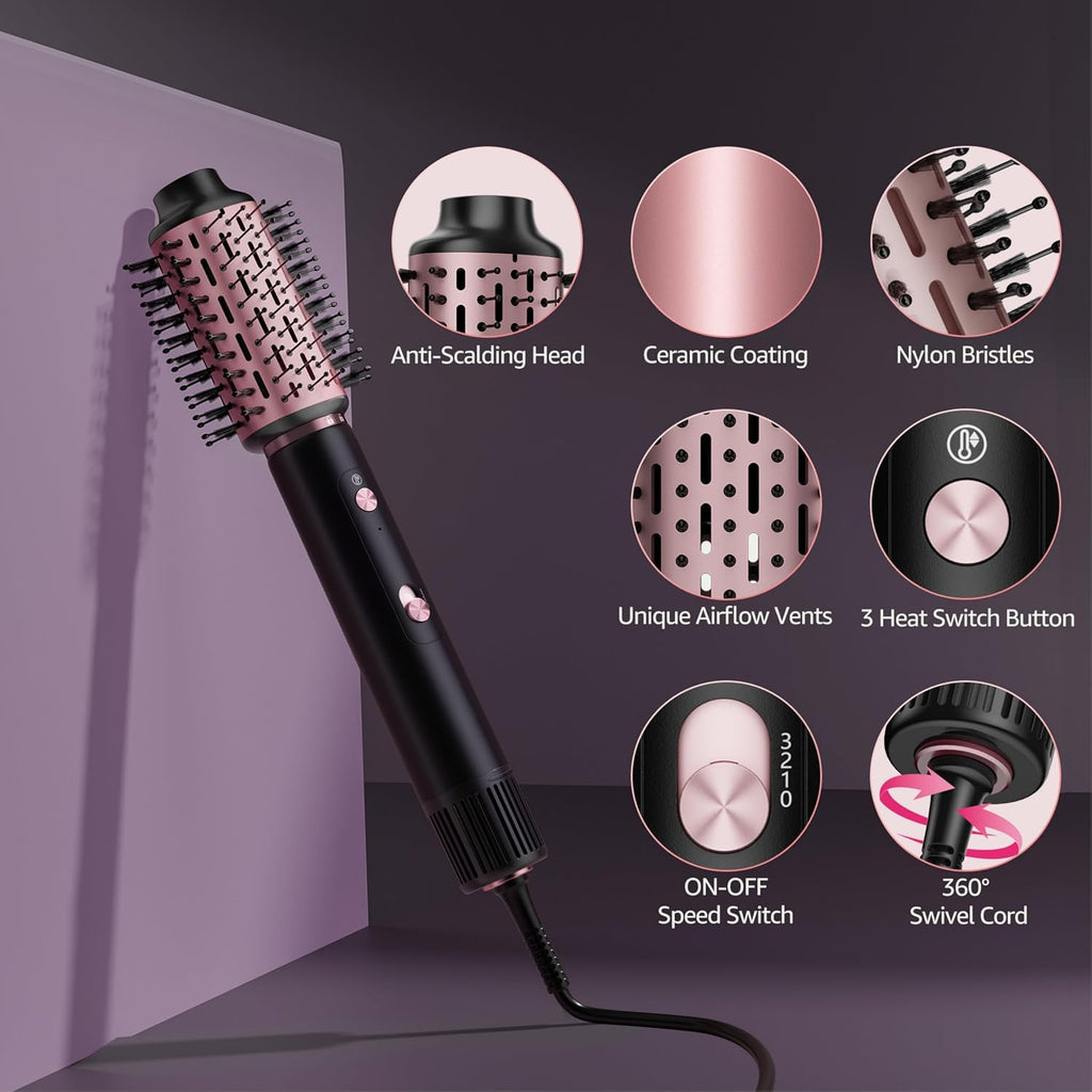 SKIMI 110,000 RPM Brushless Motor Hair Dryer Brush - 5 Multi-Styler for Fast Drying, Curling, Volumizing & Straightening | High-Speed Hot Air Brush for All Hair Types (Black & Rose Gold)