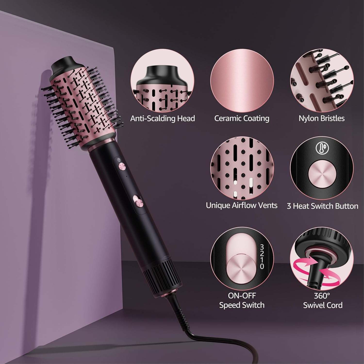 SKIMI 110,000 RPM Brushless Motor Hair Dryer Brush - 5 Multi-Styler for Fast Drying, Curling, Volumizing & Straightening | High-Speed Hot Air Brush for All Hair Types (Black & Rose Gold)