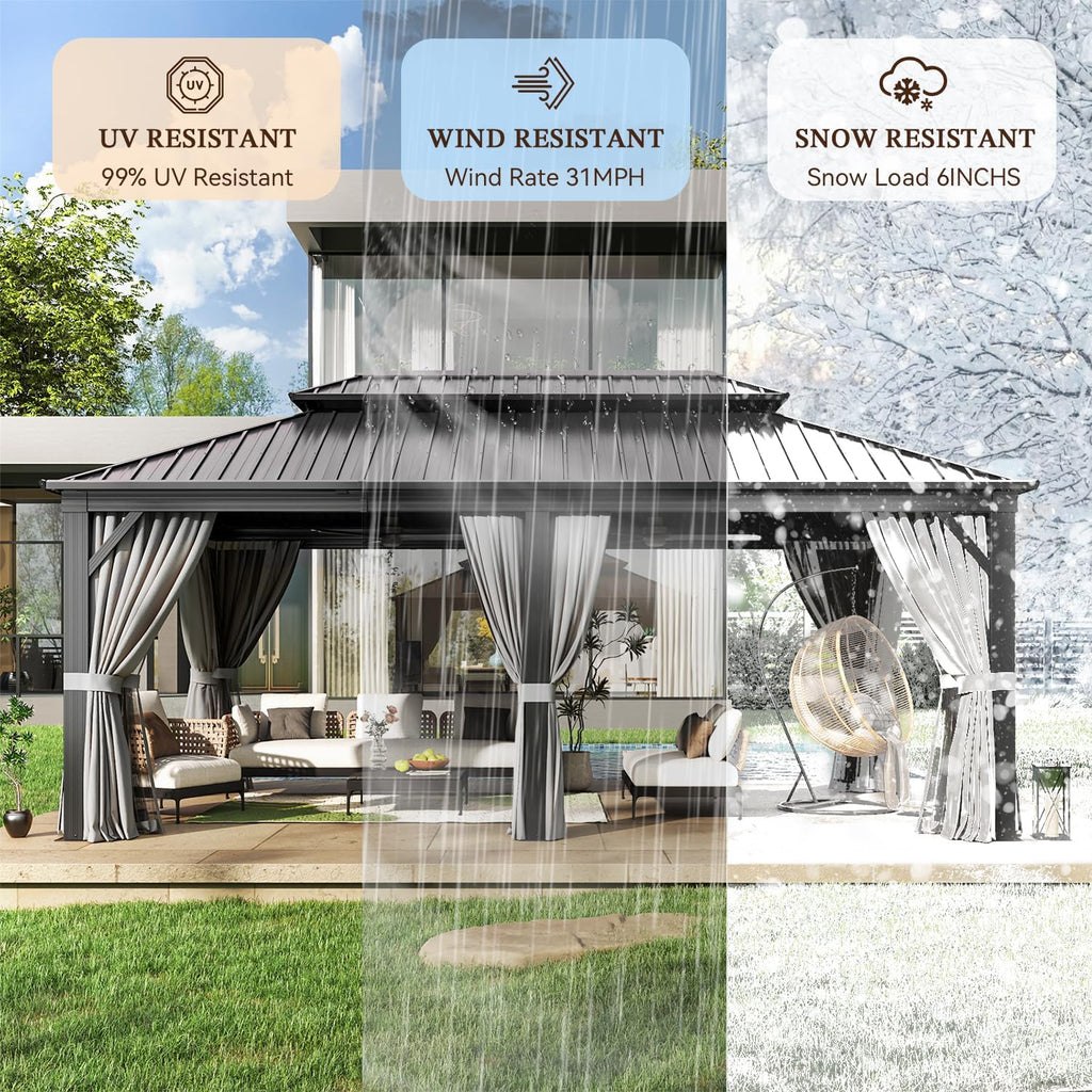 12FT X 20FT Hardtop, Galvanized Steel Dual-Layer Top, Aluminum Metal Gazebo with Netting and Curtains, Permanent Gazebo Pavilion for Party, Outdoor Dining, Wedding