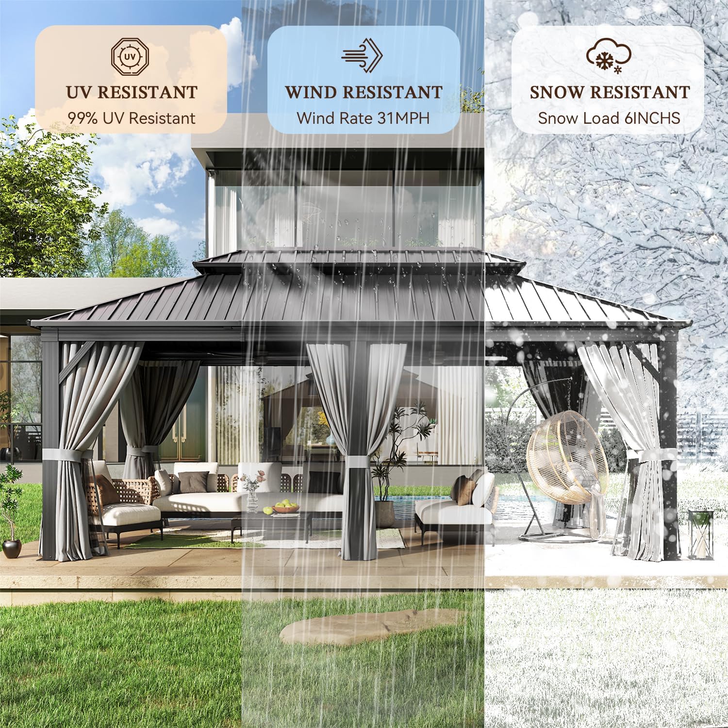 12FT X 20FT Hardtop, Galvanized Steel Dual-Layer Top, Aluminum Metal Gazebo with Netting and Curtains, Permanent Gazebo Pavilion for Party, Outdoor Dining, Wedding