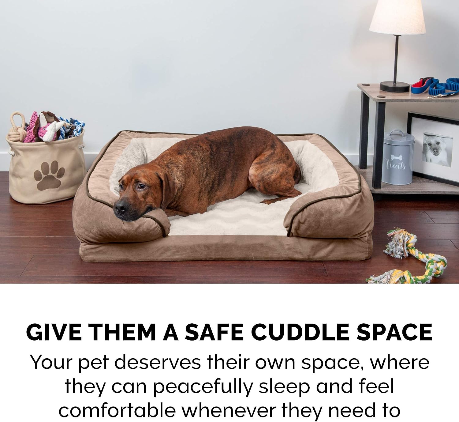 Furhaven Memory Foam Dog Bed for Large Dogs w/ Removable Bolsters & Washable Cover, For Dogs Up to 125 lbs - Plush & Velvet Waves Perfect Comfort Sofa - Brownstone, Jumbo Plus/XXL