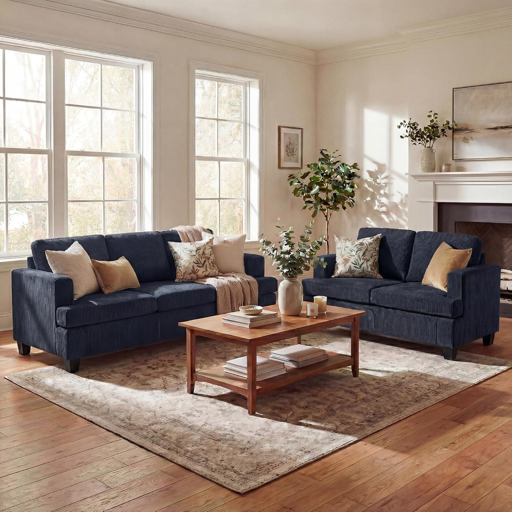 YOUDENOVA 2 Piece Set Comfy Sofa Couch, 3 Seater & Loveseat Sofa with Deep Seats, Modern Sleeper Couch for Living Room, Blue Corduroy