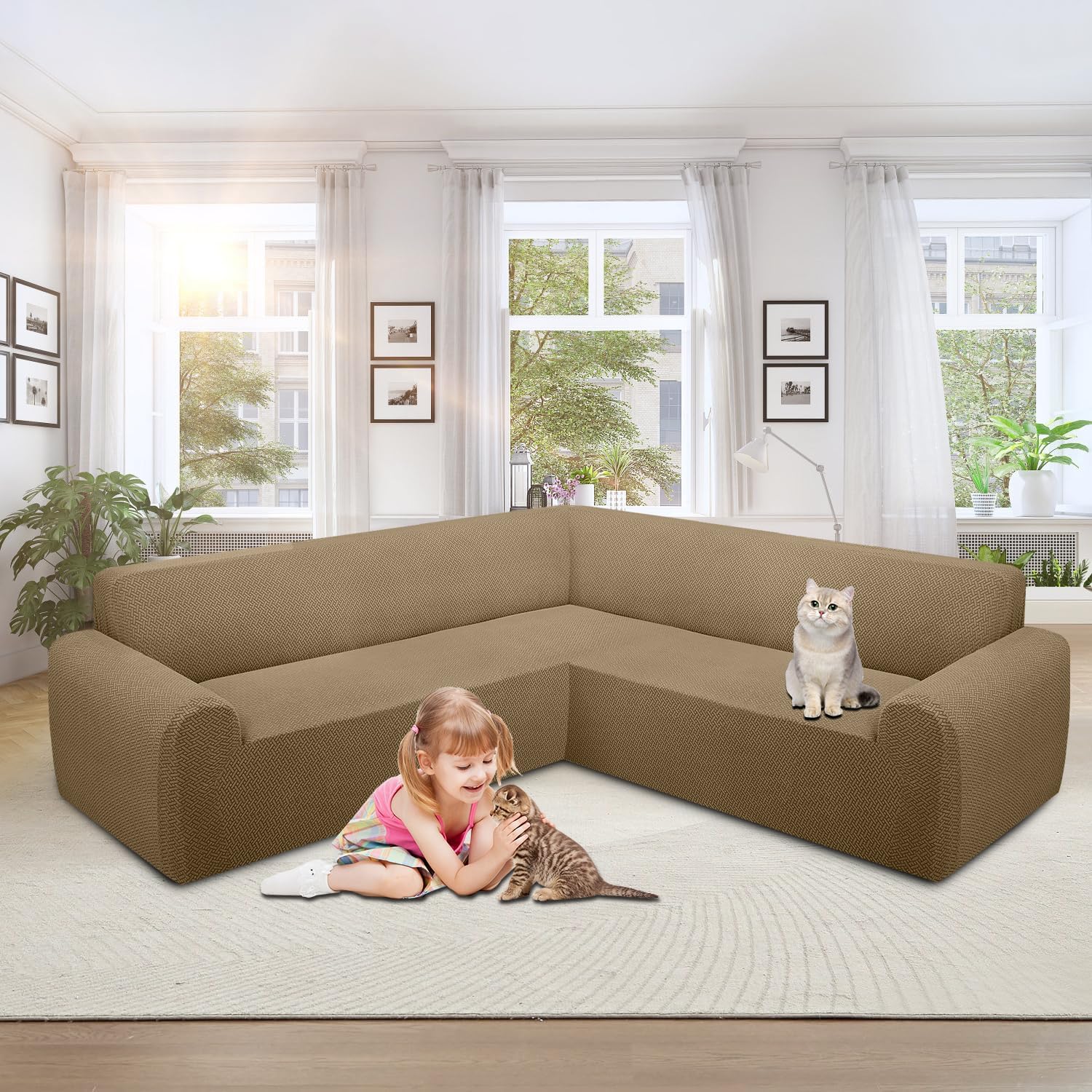 ALIECOM Stretch Corner Sectional Couch Covers L Shape Sofa Covers Washable Sectional Slipcovers U Shape Jacquard Living Room Pet Dogs Furniture Protector with Elastic Bottom (Camel, X-Large)