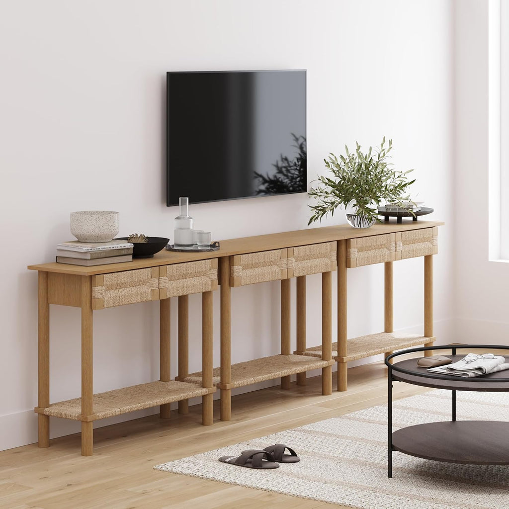 Nathan James Beacon Wooden Sofa Console Table with Drawers, Bohemian Entryway Table, Hallway Table with Seagrass Shelf, Light Brown, Set of 3