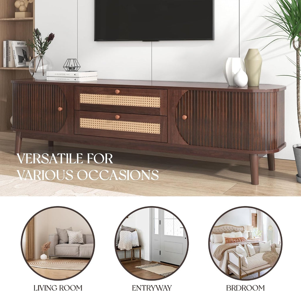 Merax Rattan TV Stand for TVs up to 75', Modern Farmhouse Media Console with Multi-Functional Storage, Boho Entertainment Center with Solid Wood Legs, Television Cabinet for Living Room, Natural+Brown