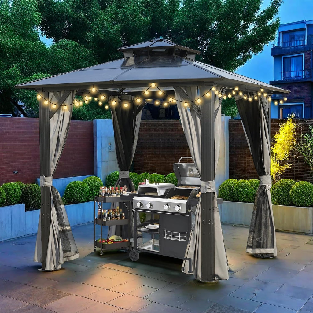 ENDARK 8'x8' Double Roof BBQ Gazebo with Polycarbonate Top, Aluminum Frame, Galvanized Steel, and Double Layer Curtains for Patio and Backyard